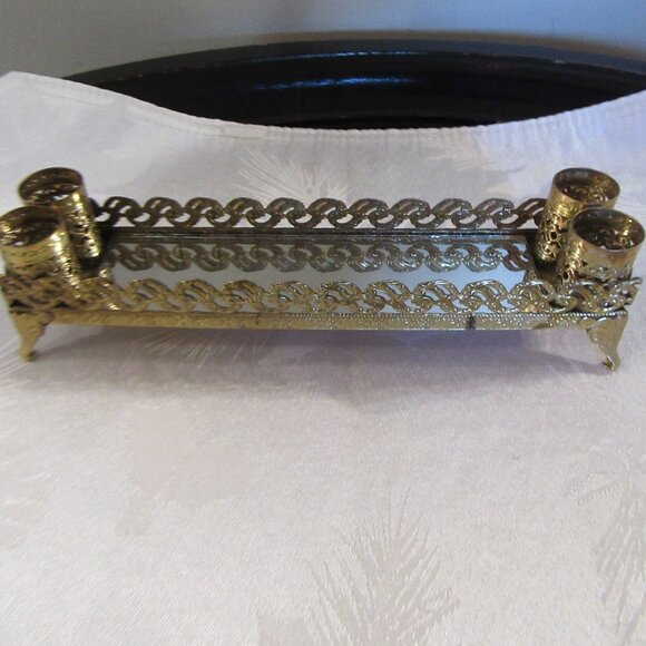 This is a vintage vanity tray with a mirror and lipstick holders. - Picture 5 of 13